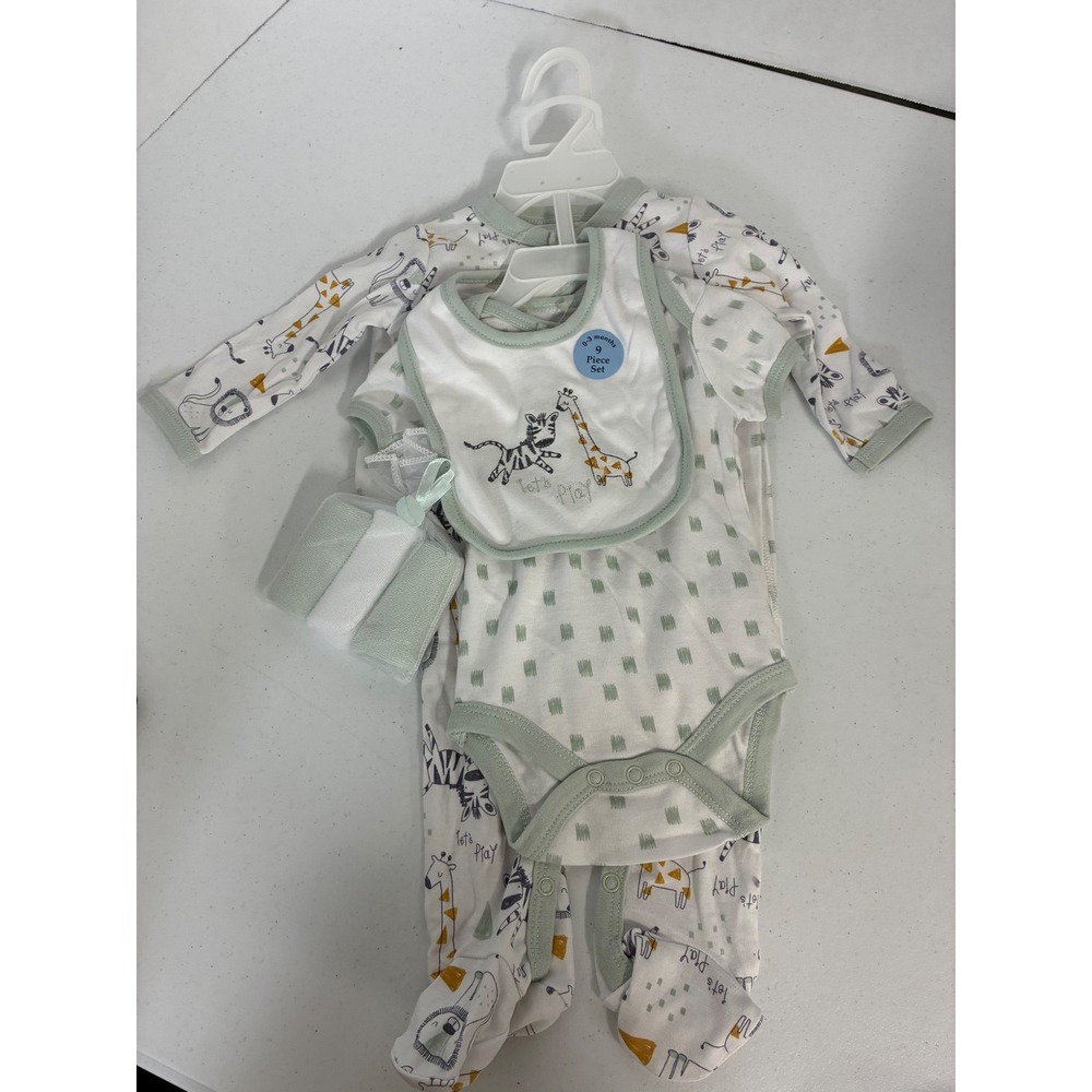 Cutie Pie 9 Piece Baby Layette Set 0-3 Months Safari Zebra Giraffe Sage Green